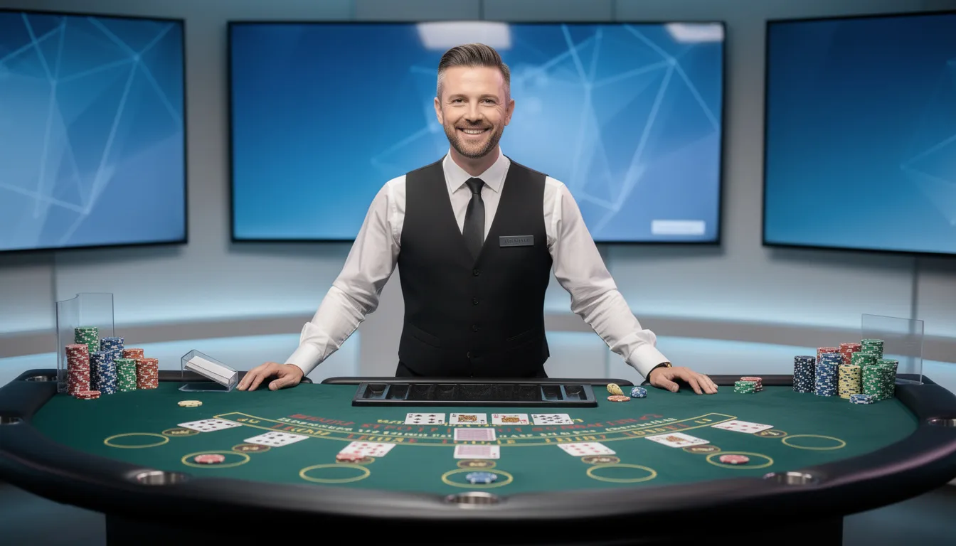 En professionell live casino dealer står vid ett blackjackbord i en modern studio. Atmosfären är spännande och professionell, vilket skapar en autentisk upplevelse för spelare som deltar i livespel hos premier live casino.