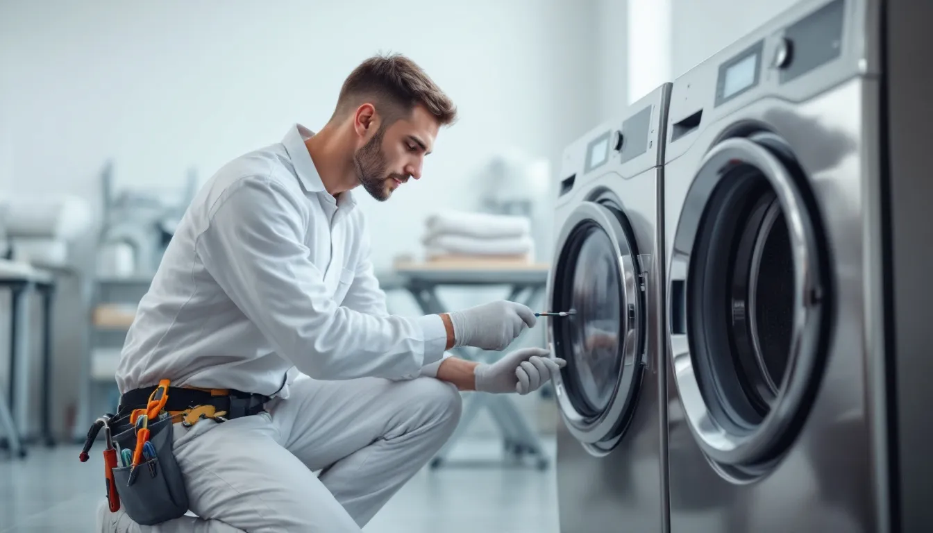 A technician repairing a commercial dryer, showcasing expert appliance repair services.