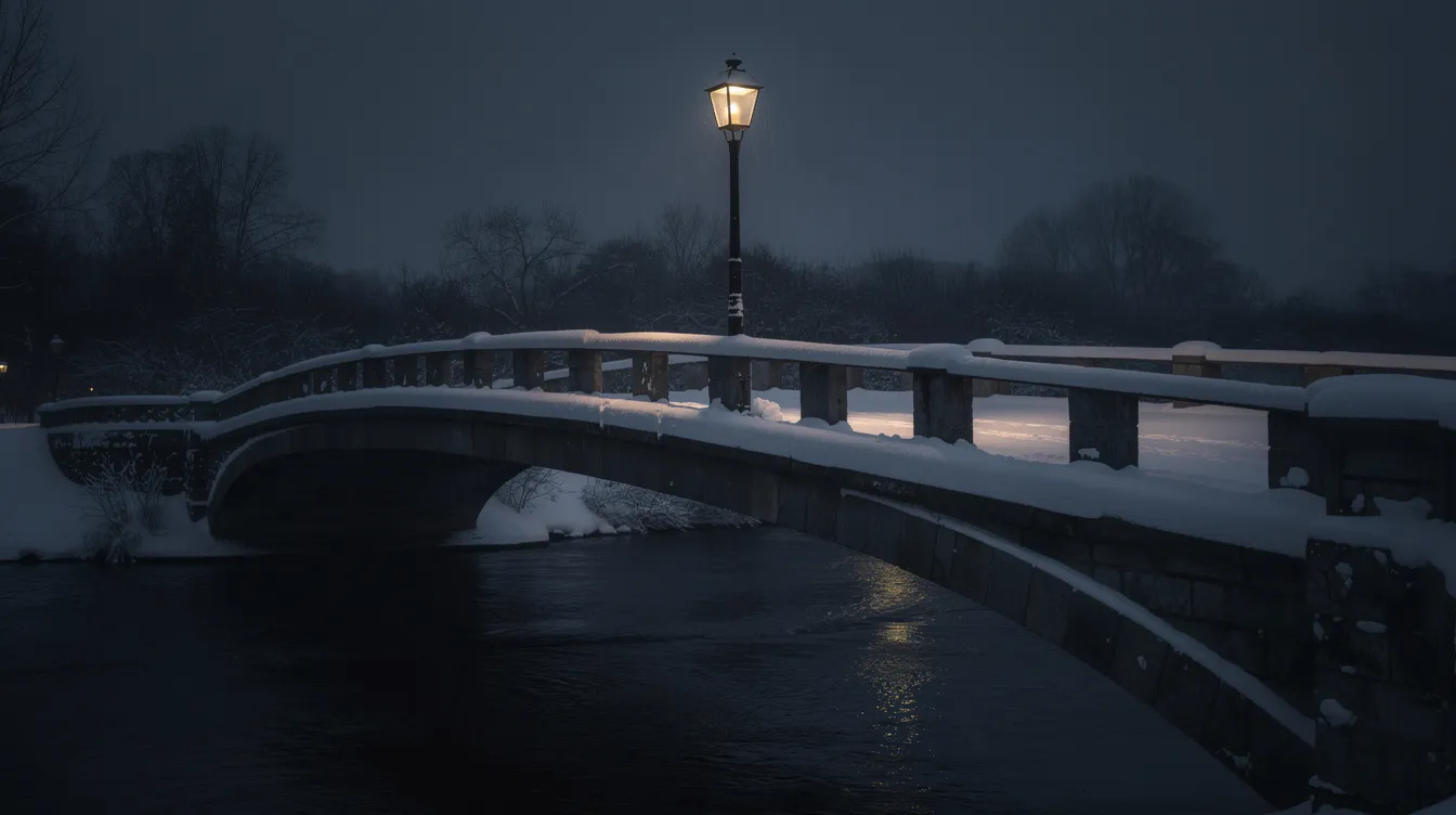Die verschneite Steinbrücke erstreckt sich über einen dunklen Fluss bei Nacht, während eine einzelne Laterne schwaches Licht auf das Geländer wirft und eine Atmosphäre der Ruhe und des Lebensmuts schafft. Dieses Bild erinnert an die Themen von "It's a Wonderful Life", wo die kleinen Dinge im Leben oft die größte Bedeutung haben.