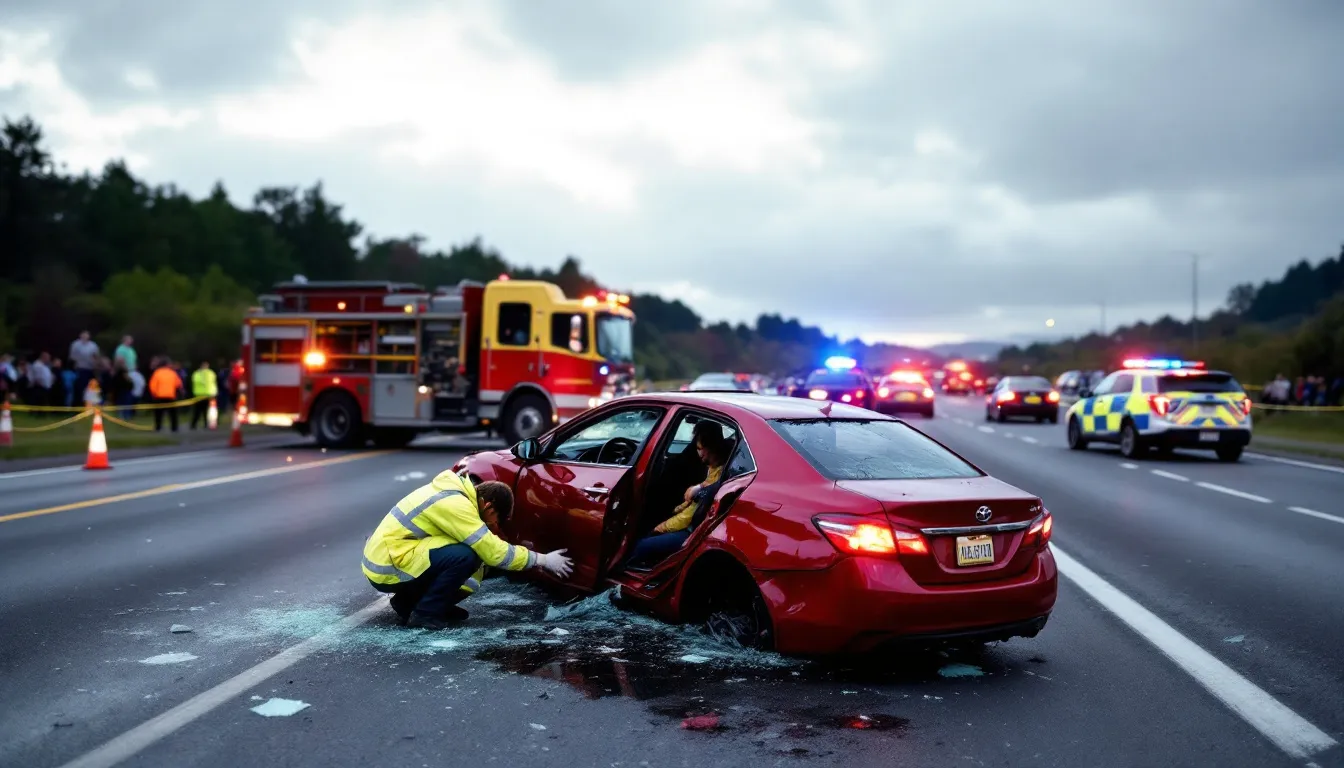 Een auto-ongelukssituatie is te zien, met meerdere hulpvoertuigen zoals politie en ambulances ter plaatse. De betrokkenen, waaronder slachtoffers en mogelijk verdachten, worden behandeld terwijl justitie en de openbare aanklager zich voorbereiden op verdere vervolging en het indienen van een proces verbaal.