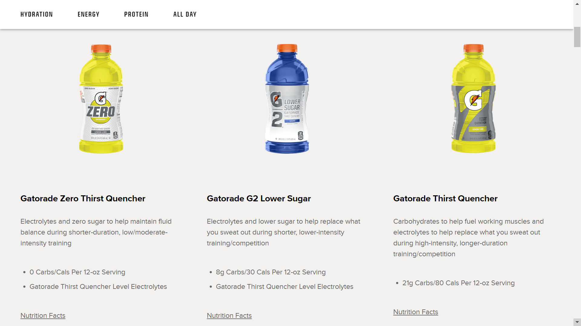 Screenshot of Gatorade products from its online store