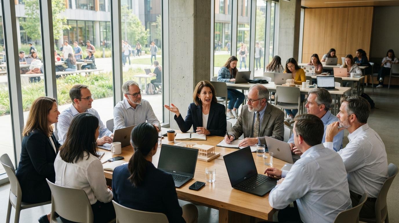 Photorealistic university leadership team and faculty discussing AI-powered education around a conference table while students learn on laptops in the background, modern campus environment.