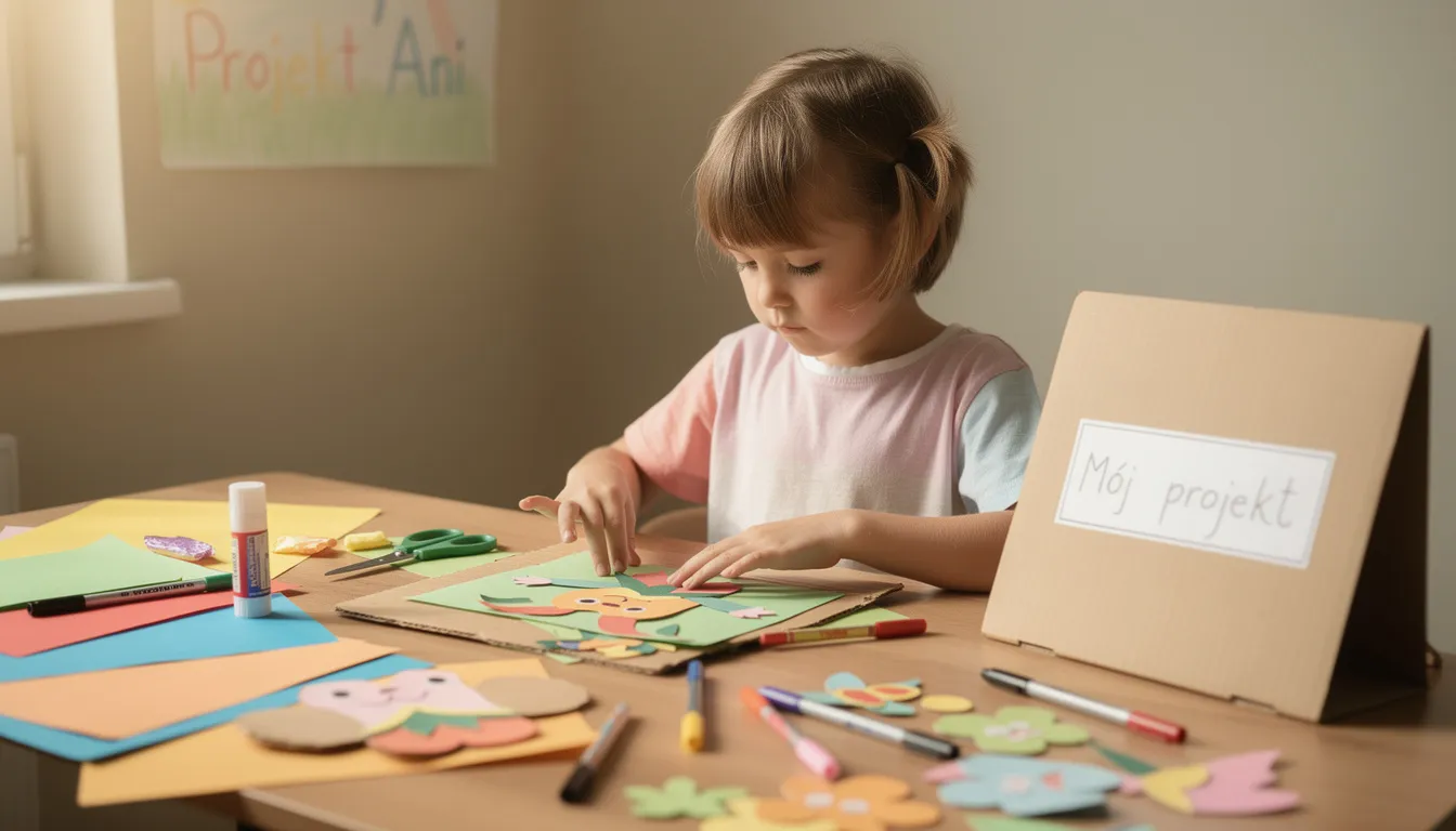 Na zdjęciu widzimy dziecko siedzące przy biurku, które z dużą pomysłowością pracuje nad kolorowym projektem z kartonu i papieru. Projekt ten może być interaktywną teczką, zawierającą ciekawe zaprezentowanie różnych informacji oraz ważne wiadomości na temat lektur.