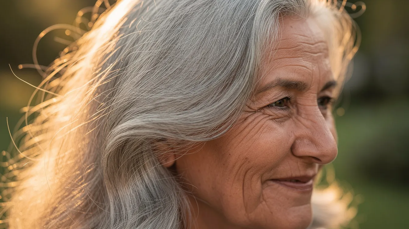 The image features an elderly woman with vibrant, natural grey hair illuminated by sunlight, highlighting the healthy strands and their texture. Her hair reflects a rich softness, suggesting the benefits of batana oil for grey hair, promoting hair growth and scalp health.