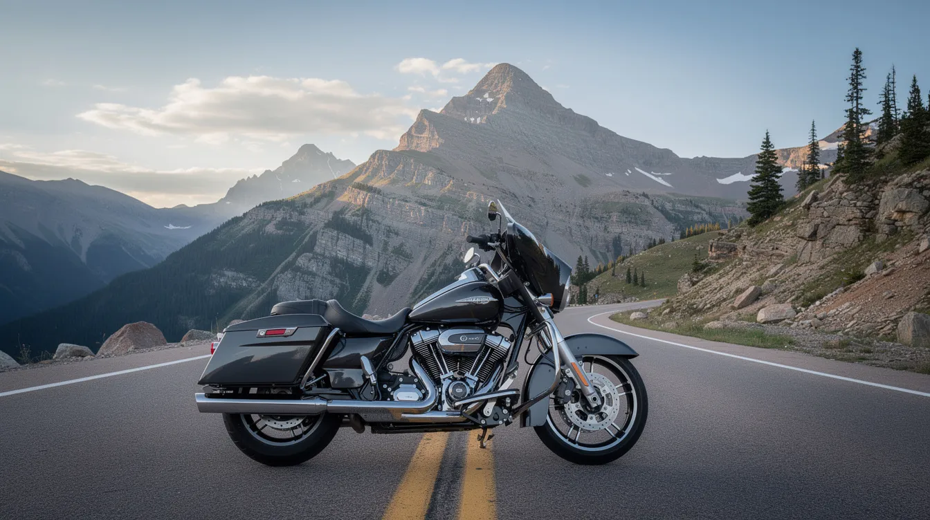 A motorcycle is parked on a winding mountain road in Colorado, with the majestic Pikes Peak towering in the background. This serene scene highlights the beauty of Colorado Springs, but it also reminds us of the risks motorcyclists face, including the potential for serious injuries in motorcycle accidents.