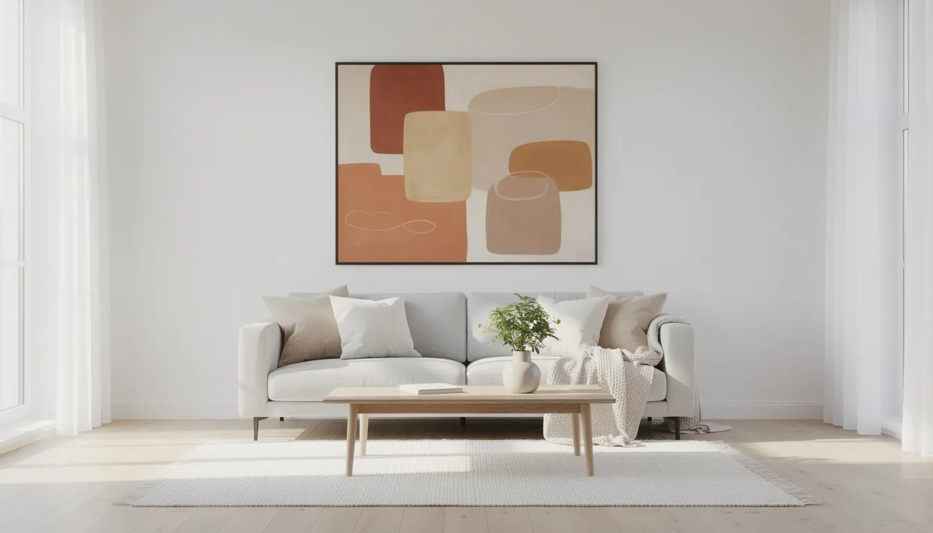 En ljus och modern skandinavisk vardagsrum med en stor abstrakt tavla i jordnära färger som hänger ovanför en ljusgrå soffa. Rummet har en stilren inredning som skapar en harmonisk atmosfär.