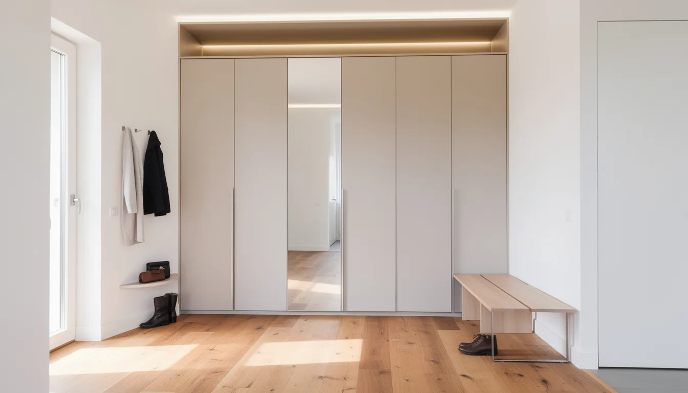 Garderobekast hal: maatwerk oplossingen voor een opgeruimde entree Een lichte hal met een hoge spiegeldeur op een garderobekast, verlicht door indirecte LED-verlichting. De kast biedt praktische opbergruimte voor jassen en accessoires, en de strakke afwerking zorgt voor een moderne uitstraling.