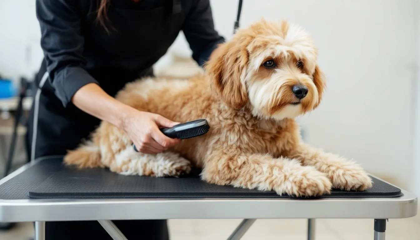 A professional groomer is brushing the curly coat of a mini goldendoodle on a grooming table, showcasing the dog