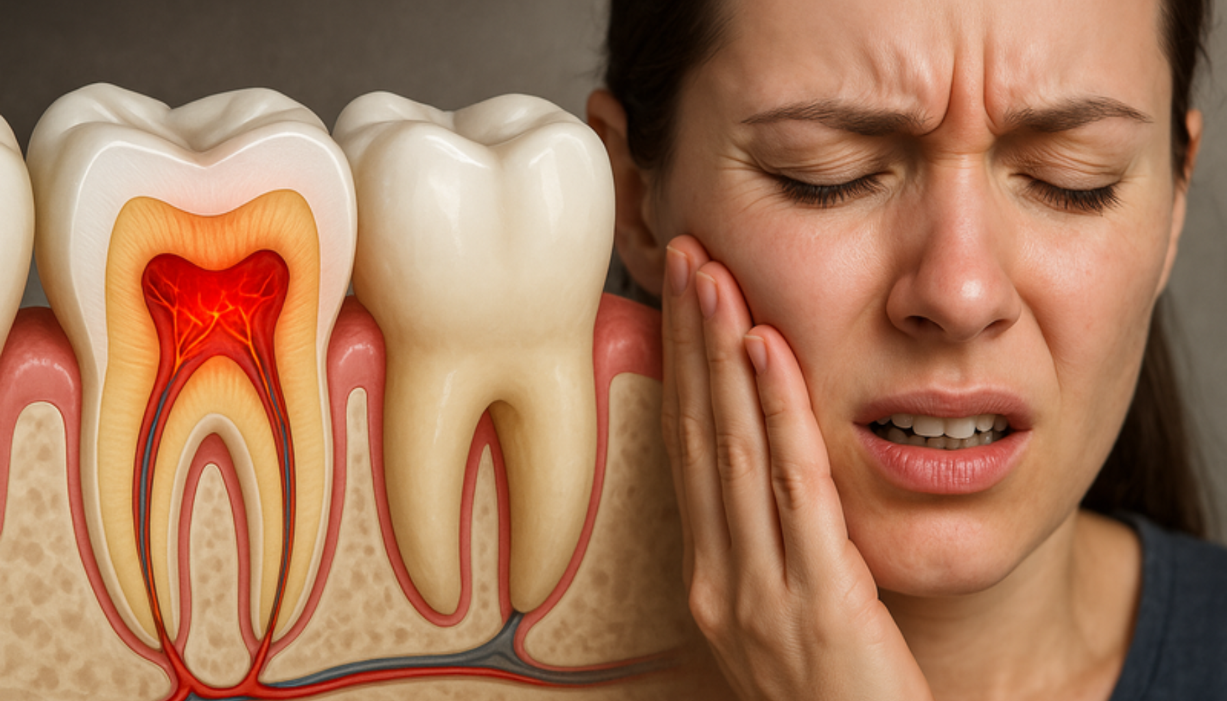 Tann med betent pulpa som gir sterke smerter, illustrert med rød inflammasjon og kvinne som holder kinnet."