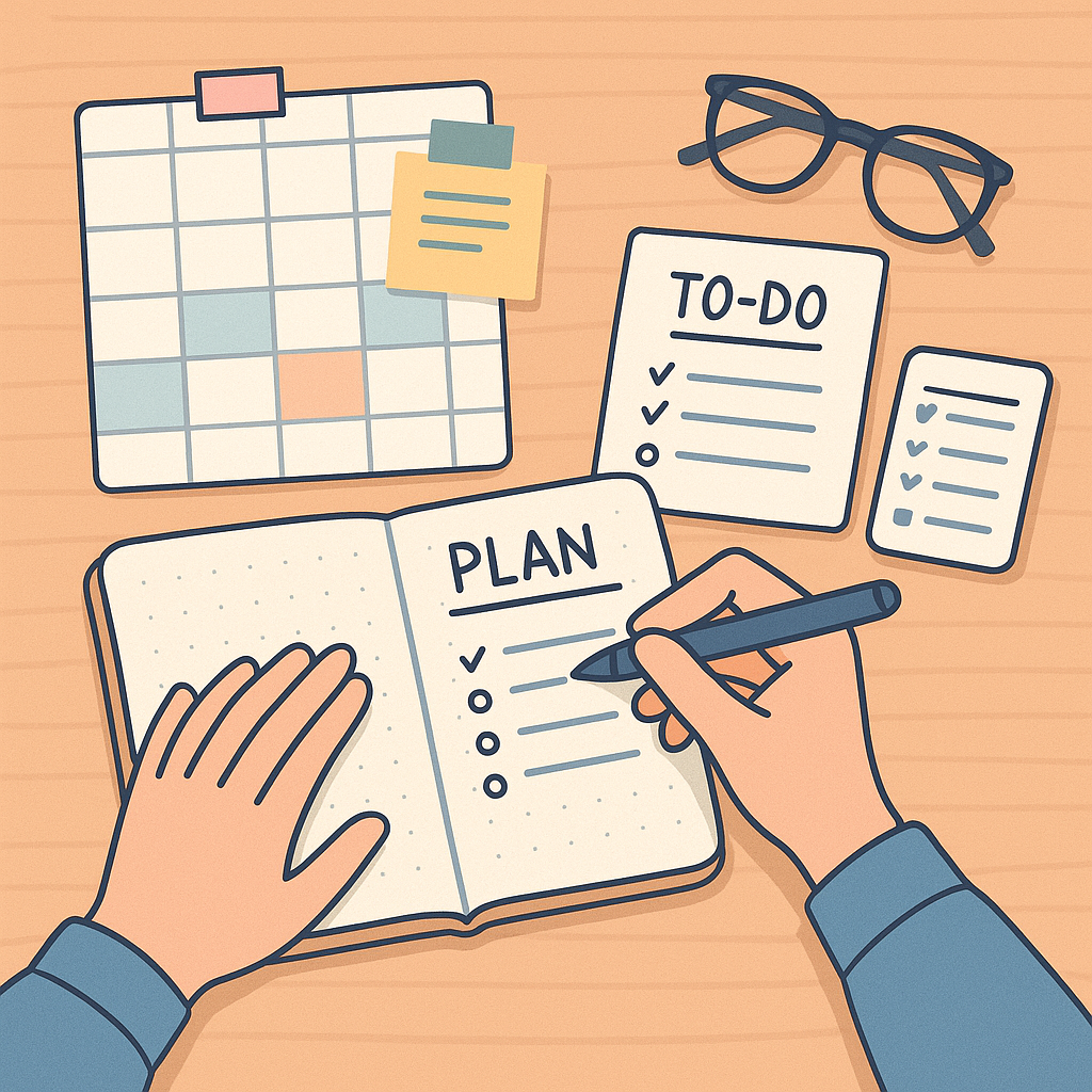 A person points to a “GOALS” notepad with milestones and checkboxes, surrounded by target and chart icons, illustrating breaking projects into small tasks and tracking completed tasks.
