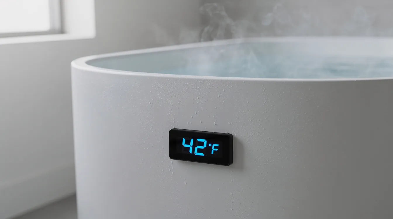 The image features a digital temperature display on a cold plunge tub, indicating a water temperature of 42 degrees Fahrenheit. This setup exemplifies the benefits of cold exposure for reducing inflammation, showcasing a modern approach to DIY cold plunge solutions.