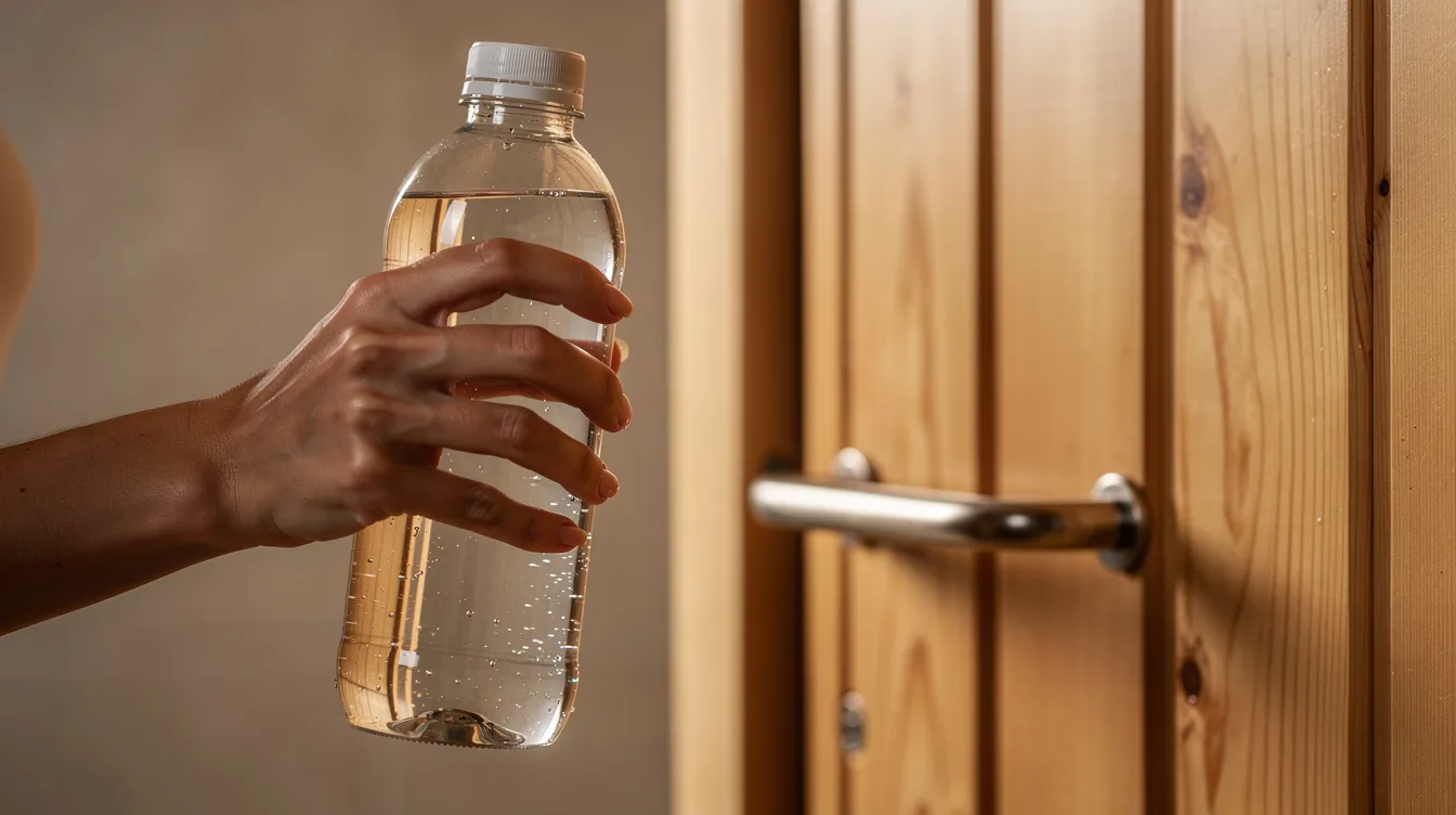A person is standing near a wooden sauna door, holding a glass water bottle, emphasizing the importance of hydration during sauna use. This image highlights the need for pregnant women to maintain safe body temperature levels and avoid excessive heat exposure during their sauna sessions.
