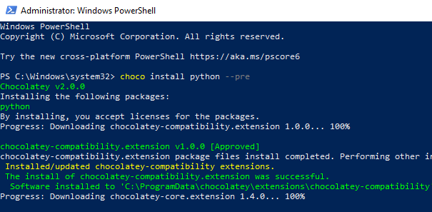 Downloading and Installing Python using Chocolately
