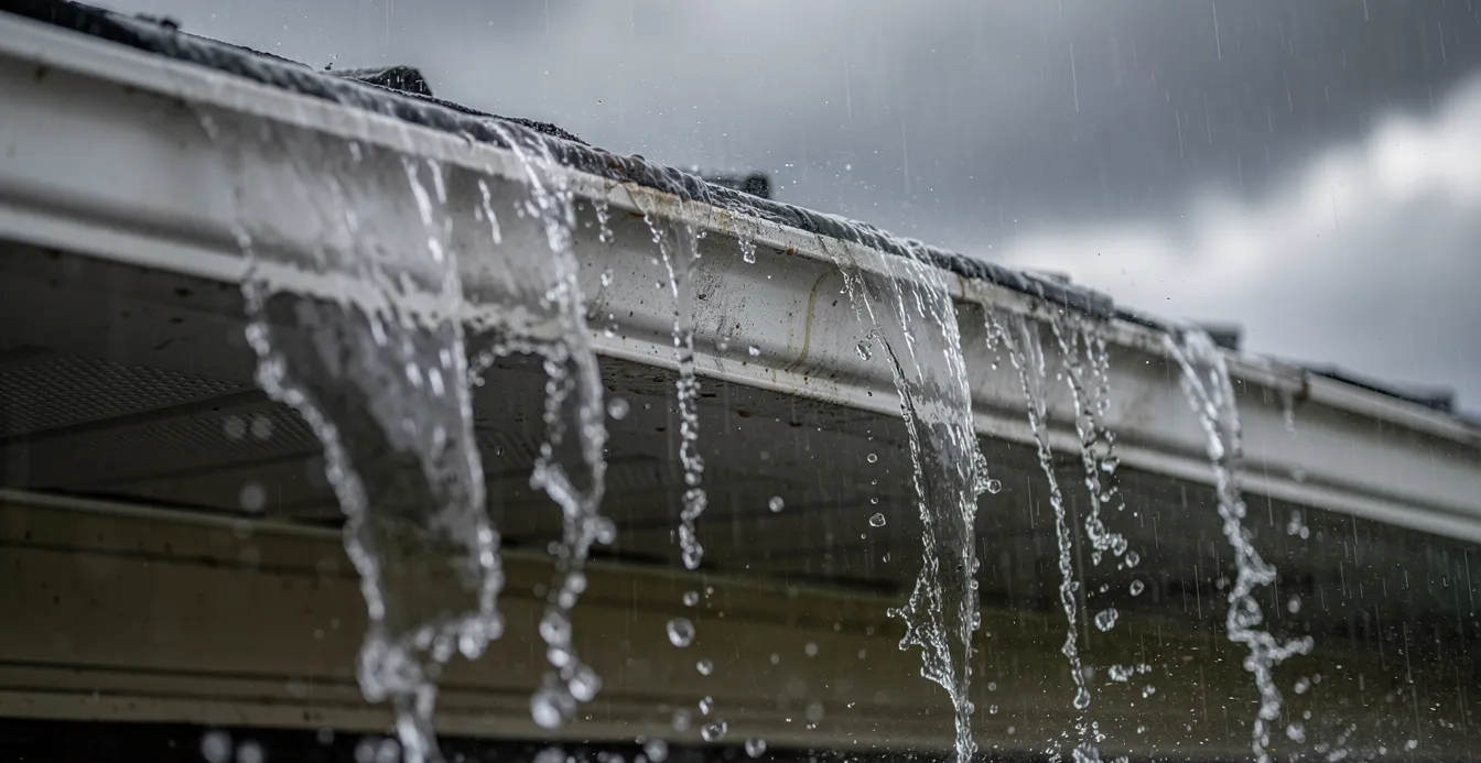 A close-up view captures heavy rain overflowing from traditional rounded gutters on a residential home during a storm, highlighting the importance of proper gutter installation and maintenance to prevent overflow. The image showcases the intense rainfall cascading from the gutters, emphasizing the need for effective drainage capacity in gutter systems.
