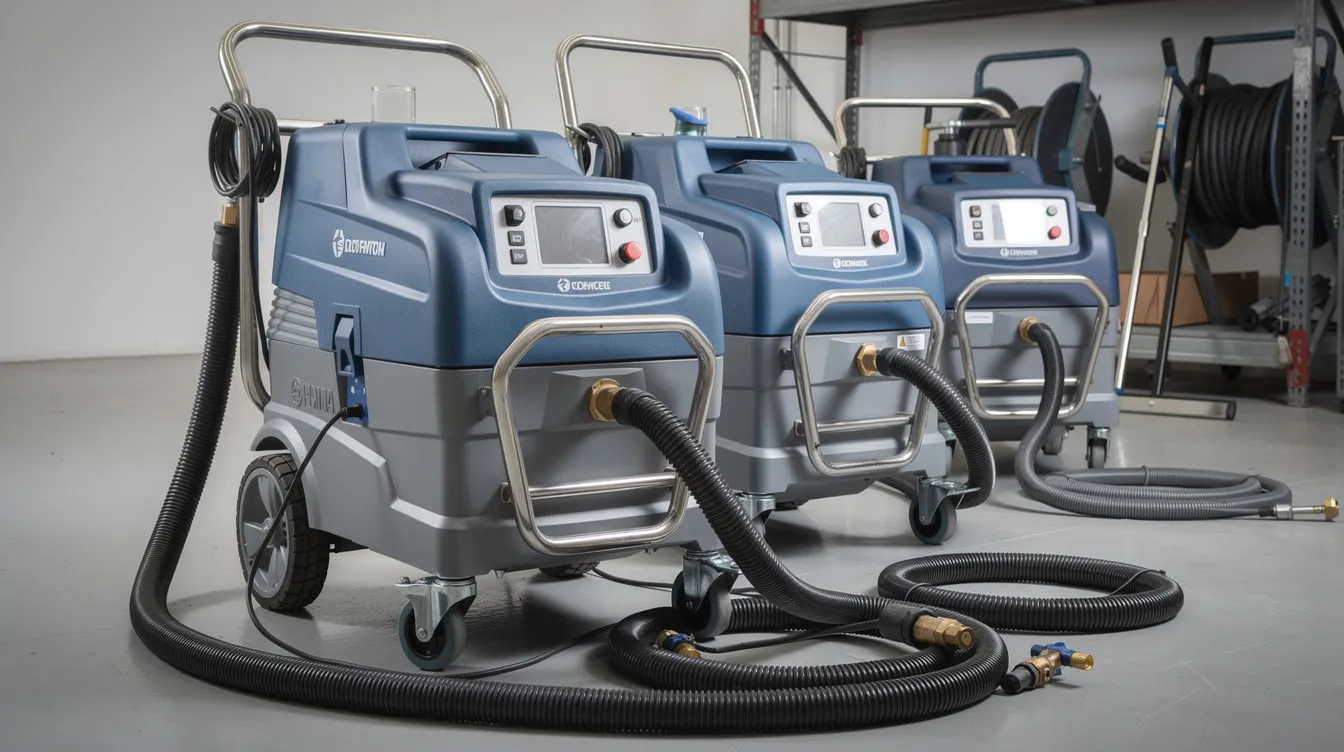 The image showcases professional commercial carpet cleaning equipment, featuring large recovery tanks and industrial hoses designed for powerful suction. This versatile machine is ideal for tackling stubborn stains, pet messes, and everyday dirt on carpets and upholstery, ensuring a deeper clean with ease.
