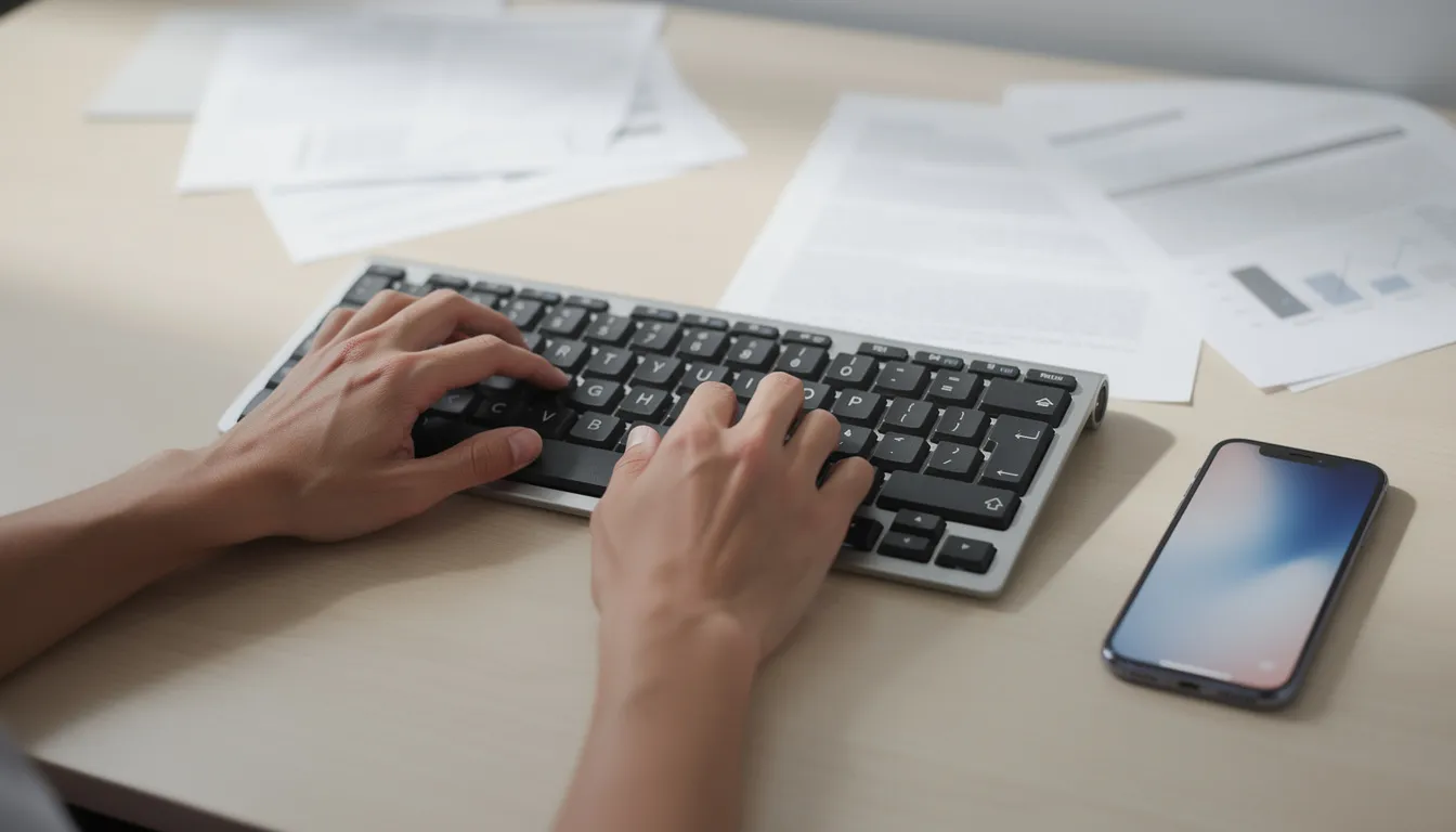 Une paire de mains tape sur un clavier d'ordinateur, entourée de documents et d'un smartphone sur un bureau. Cette scène évoque l'univers des investissements en ligne, notamment dans les cryptomonnaies, et met en lumière les risques liés aux arnaques et à la fraude dans ce domaine.