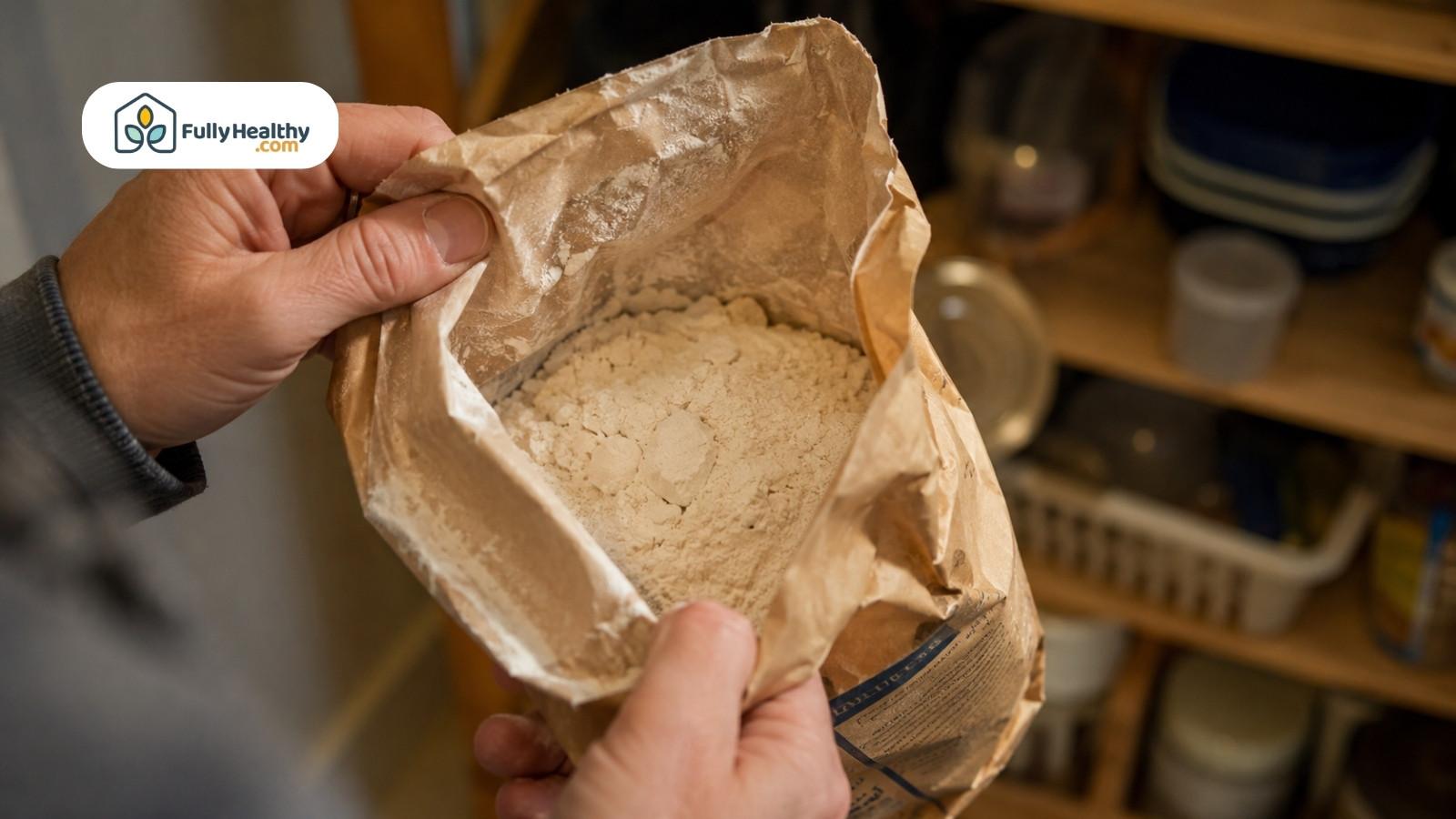 Person checking open paper bag of flour in pantry storage area