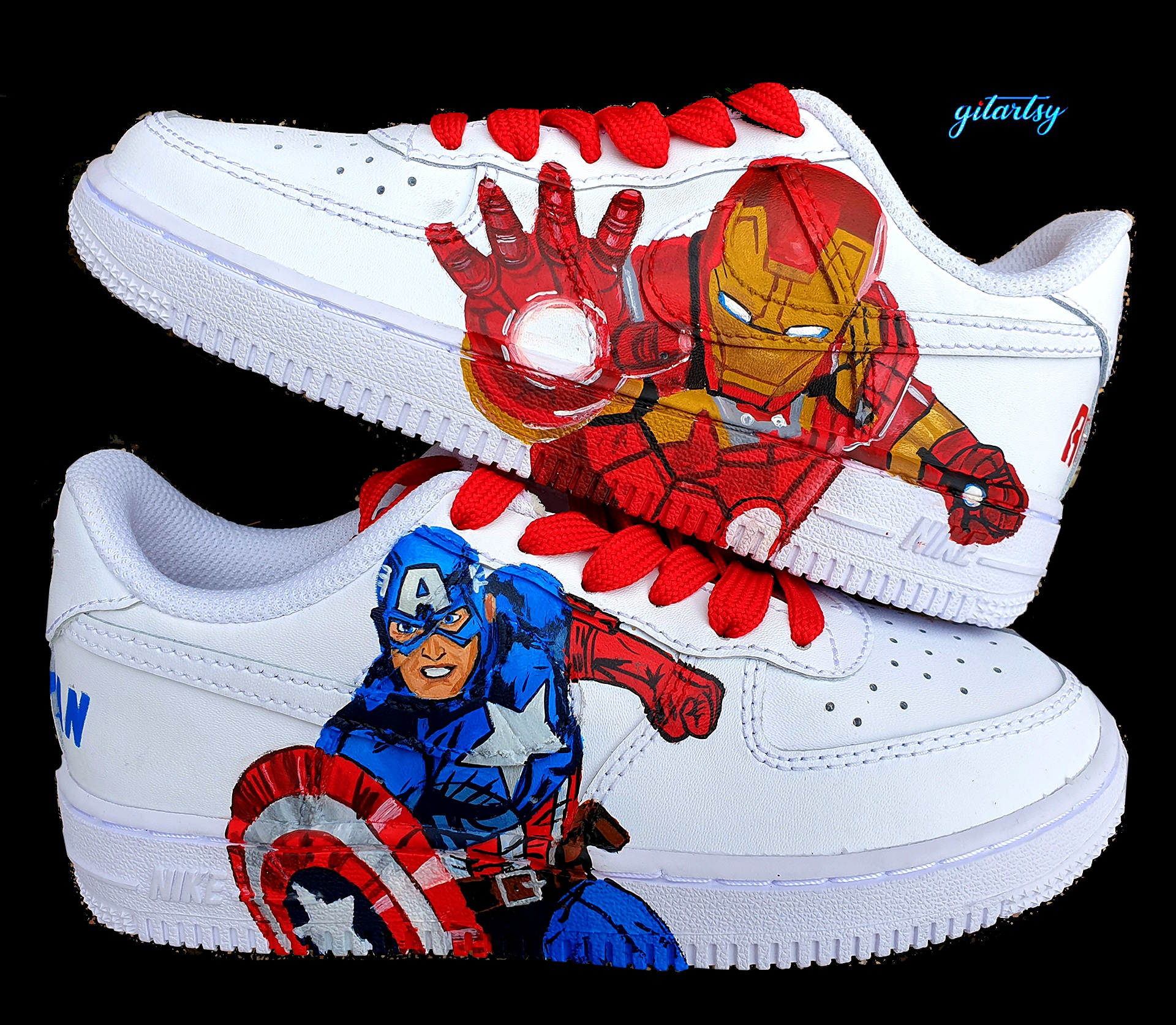 Kids Nike AF1 sneakers painted - marvel characters: Iron Man, Captain America 