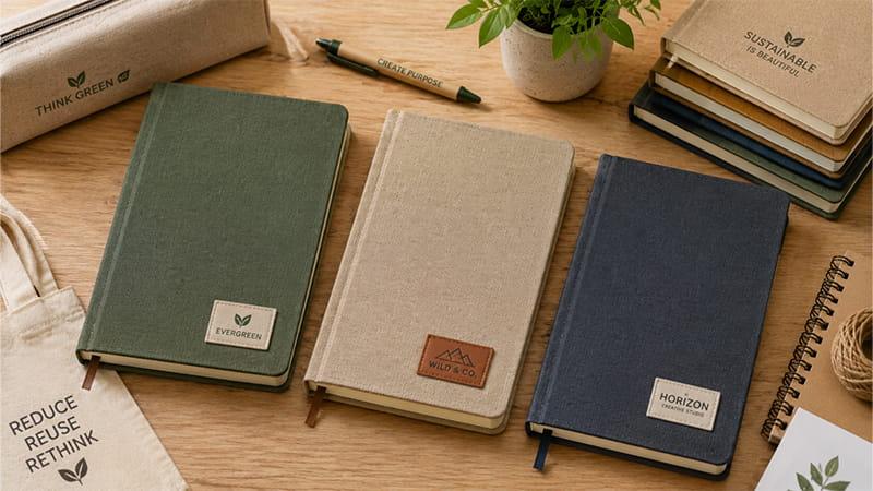 Fabric and canvas A5 notebooks with woven labels and ribbon bookmarks