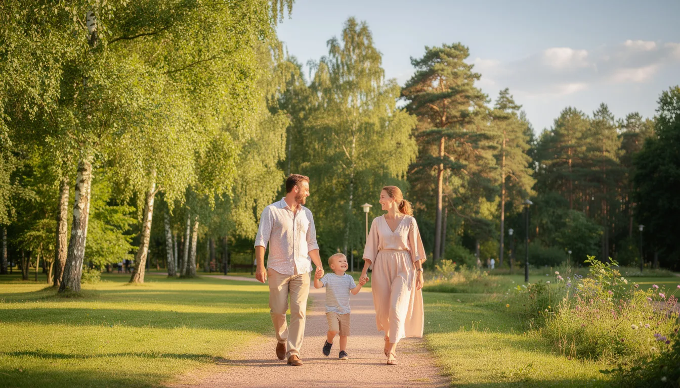 A happy family with young children strolls through a vibrant Estonian park during summer, enjoying the warm weather and lush greenery. The scene captures the joy of raising children and the importance of family benefits, as they bond and create lasting memories together.