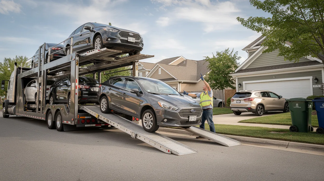 A vehicle is being unloaded from a car carrier trailer in a residential area, showcasing the careful transport of personal vehicles. This scene highlights the importance of reliable car shipping services for healthcare professionals on temporary assignments, ensuring their vehicles arrive safely at their new location.