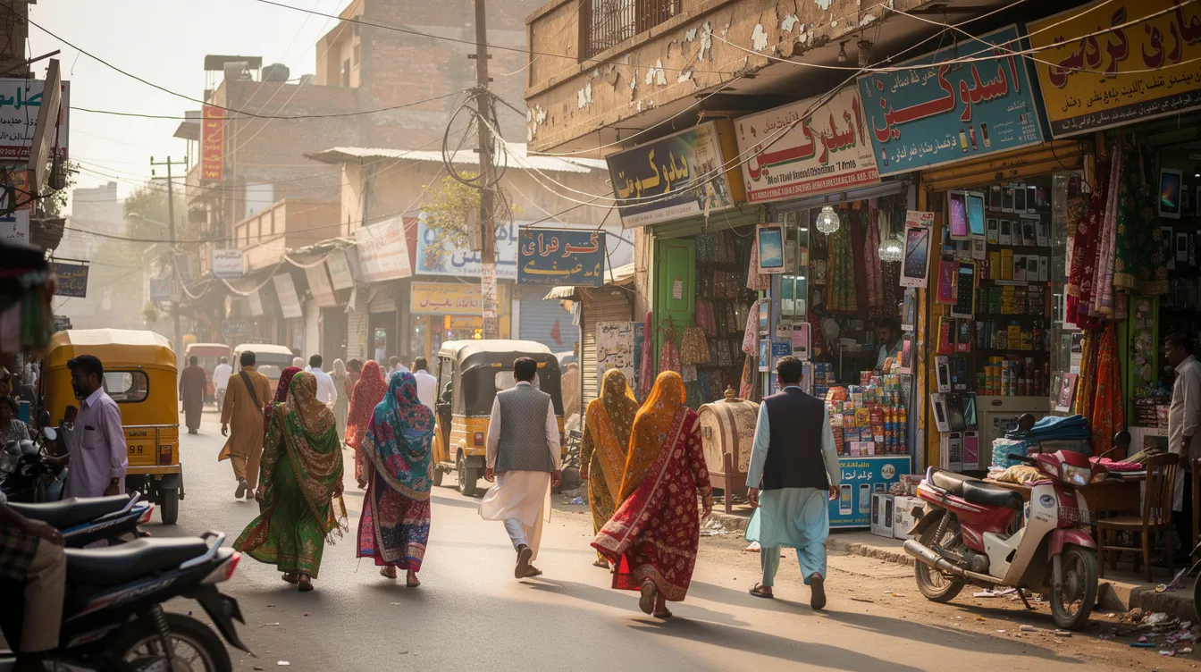 The image depicts a busy street scene in Lahore, bustling with people walking near various shops and storefronts, showcasing the vibrant life of the city. The atmosphere is lively, with shoppers and vendors interacting, reflecting the local culture and commerce, possibly hinting at the ways to send money to Pakistan or engage in online money transfer services.