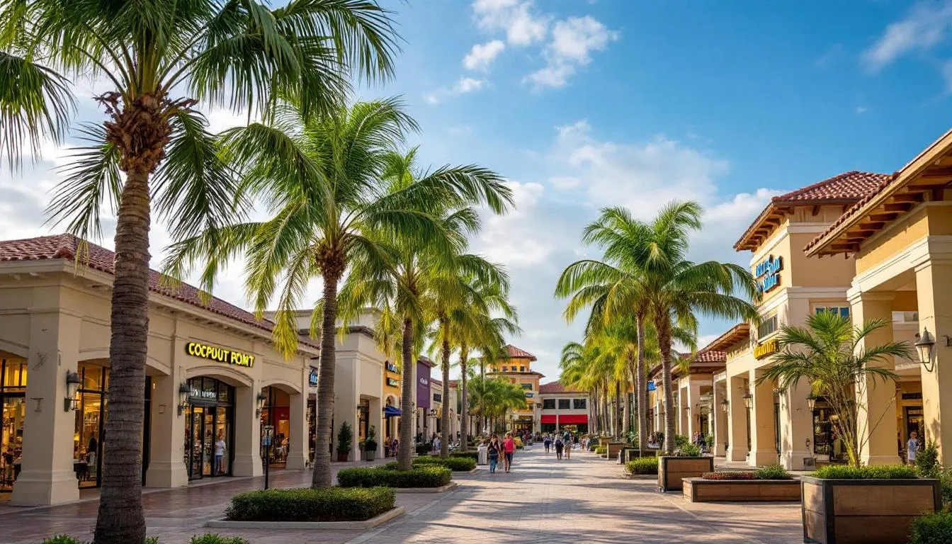 The image depicts the exterior of Coconut Point Mall, showcasing vibrant outdoor shopping areas lined with palm trees, creating a tropical atmosphere. This bustling location is a popular destination for visitors in Estero, Florida, offering a variety of retail and dining options.