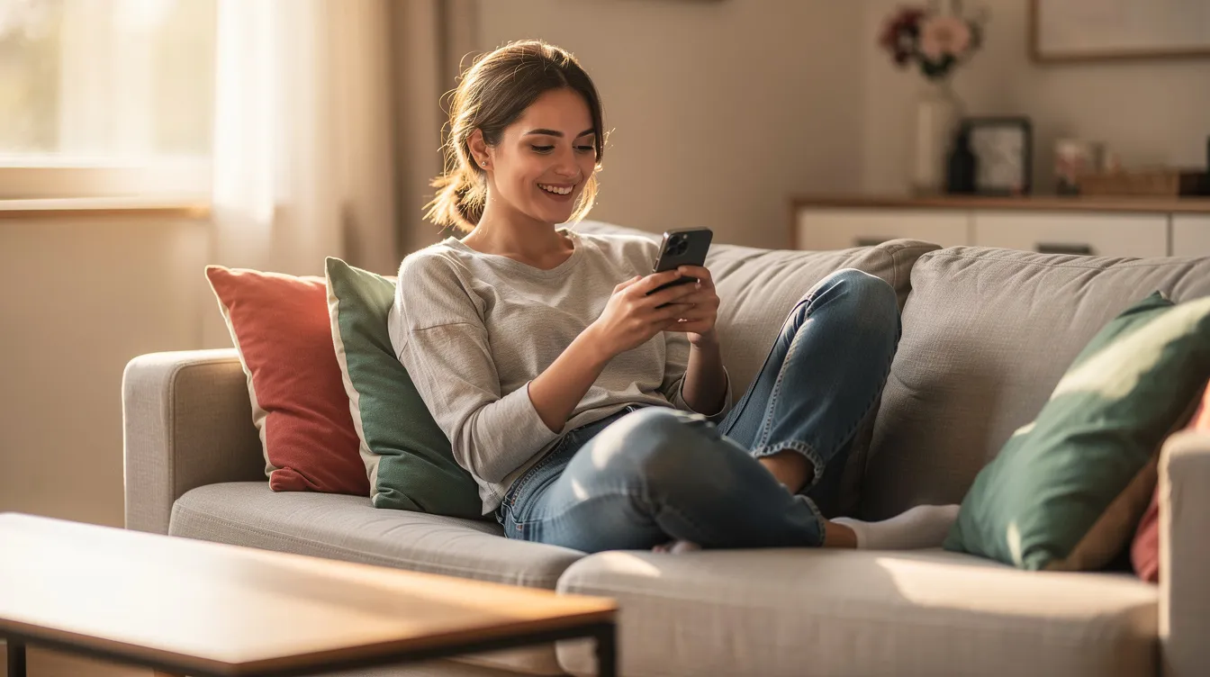 A woman sits comfortably on a couch, smiling joyfully as she looks at her cellphone, likely engaging with a dating app or online dating platform. Her expression radiates happiness, suggesting she is enjoying her dating journey and the potential for meaningful connections.