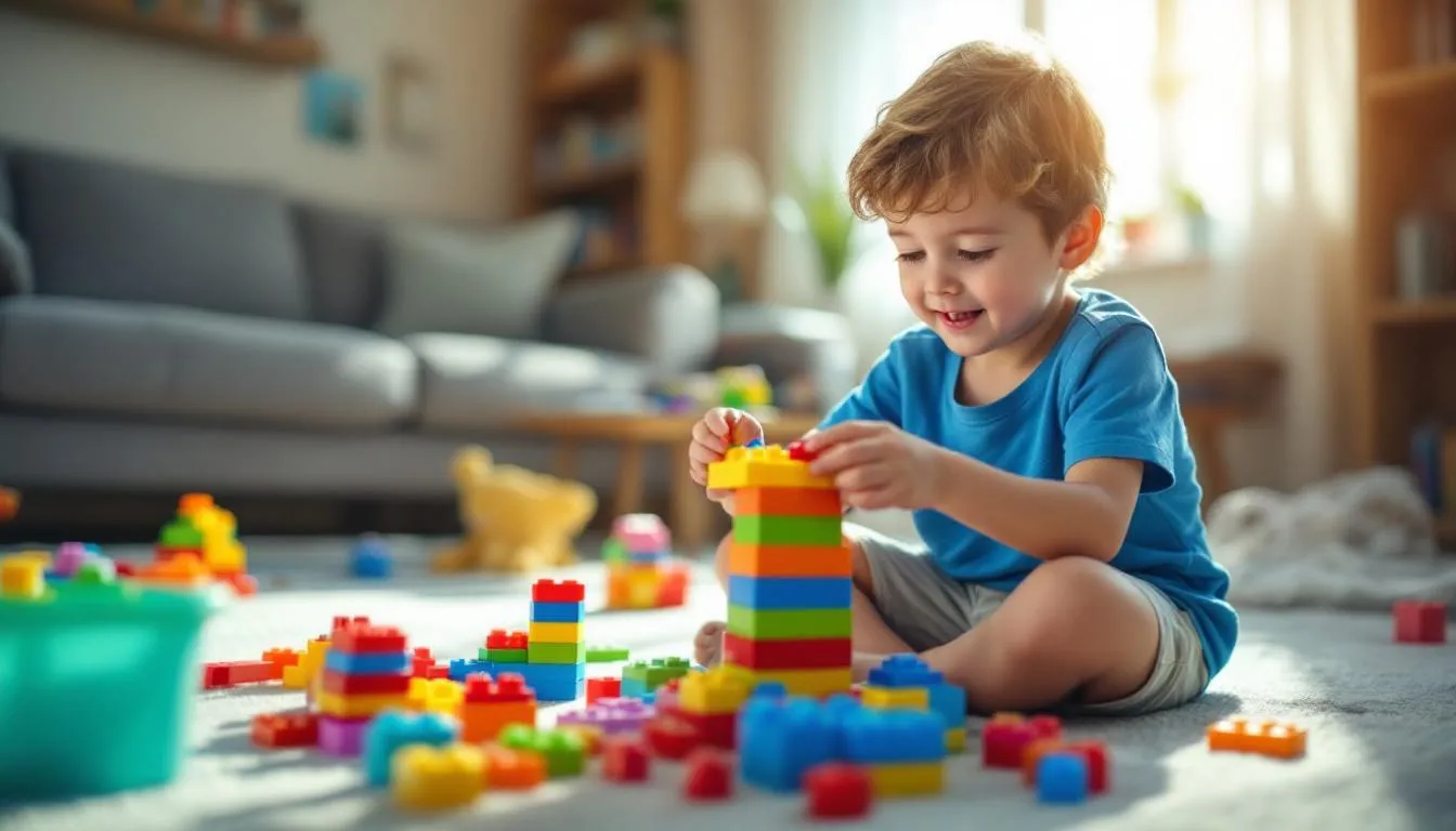 An 8-year-old boy is joyfully playing with a colorful toy, human joy with no request, another fun gift idea is a puzzle for the home, continuing to play