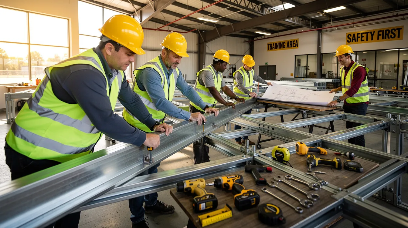 A group of construction apprentices, all wearing hard hats and bright safety vests, collaborate on assembling steel framing at a training facility, showcasing hands-on learning in the construction industry. This practical experience is essential for understanding the tangible personal property involved in construction projects and the potential tax benefits related to equipment purchases and business assets.
