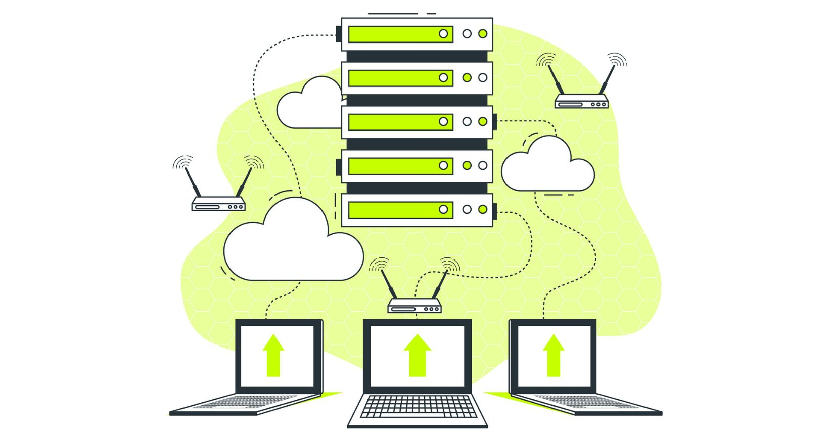 A computer connected to a cloud with two laptops nearby.