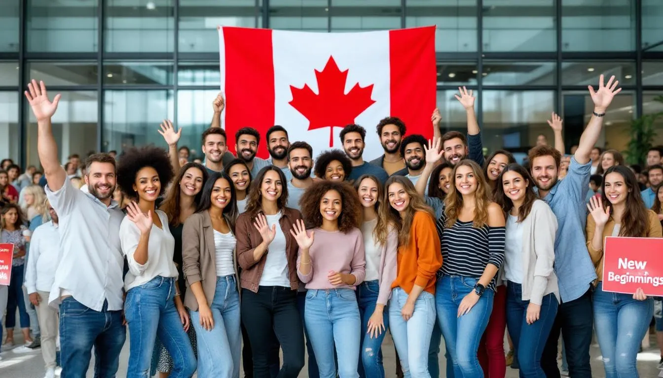 The image depicts a diverse group of individuals gathered around a table, discussing the process of applying for a Canada immigration visa. They are engaged in conversation about the requirements for Canadian permanent residency and the express entry program, highlighting the importance of immigration services for skilled immigrants from various countries, including Oman.