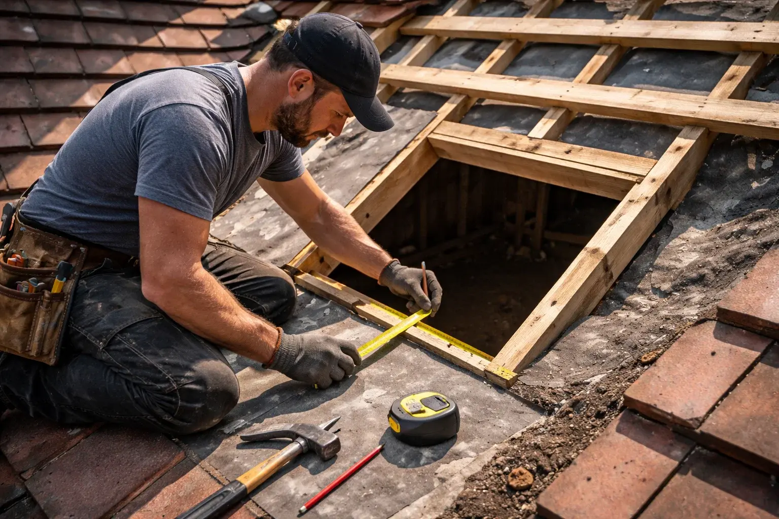 Roofer measuring roof opening for Velux window installation cost assessment