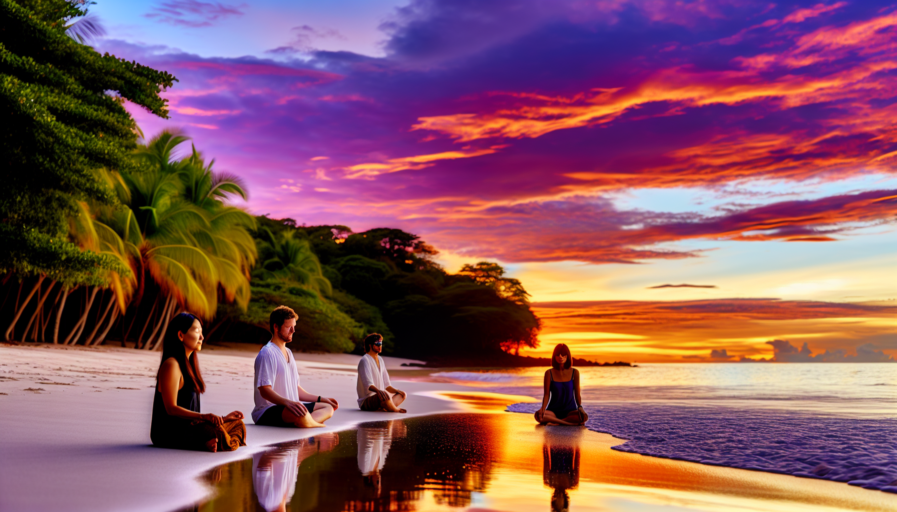 Visitors enjoying a serene sunset at Playa Minas, emphasizing the peaceful and relaxing atmosphere of the beach.