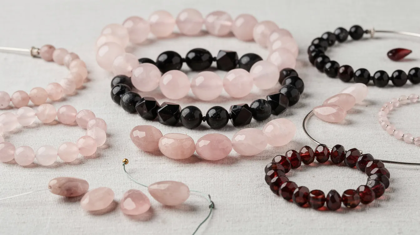 A collection of semi precious gemstone beads showcases a variety of unique shapes and sizes, including rose quartz, black onyx, and garnet, perfect for jewellery making. These natural stones add elegance and individuality to necklaces, bracelets, and earrings, making them a favorite among jewellery makers.
