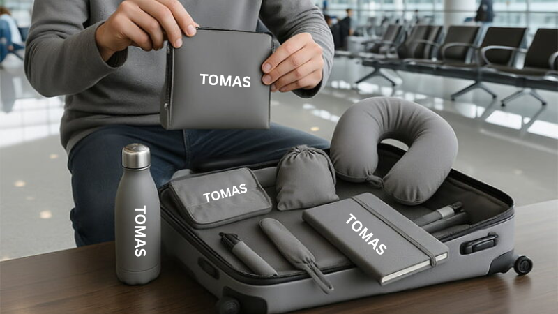 Traveler packing a TOMAS branded luxury travel kit with bottle, pouch, neck pillow and notebook into a carry on suitcase at the airport