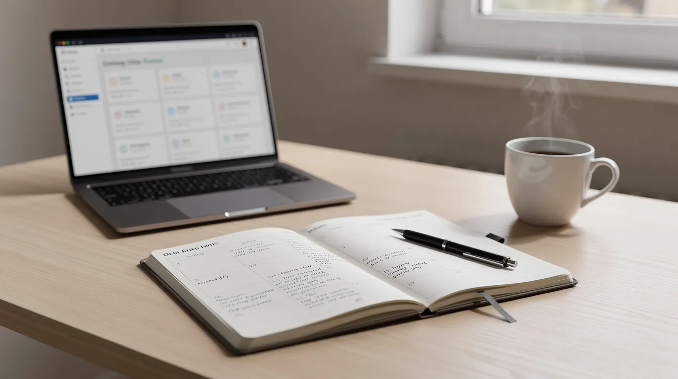 Een opgeruimd bureau met een planner, een laptop en een koffiekopje, verlicht door natuurlijk licht. Deze setting weerspiegelt de essentie van succesvol leiderschap en persoonlijk leiderschap, waarbij focus en structuur essentieel zijn voor duurzame groei en effectieve samenwerking.