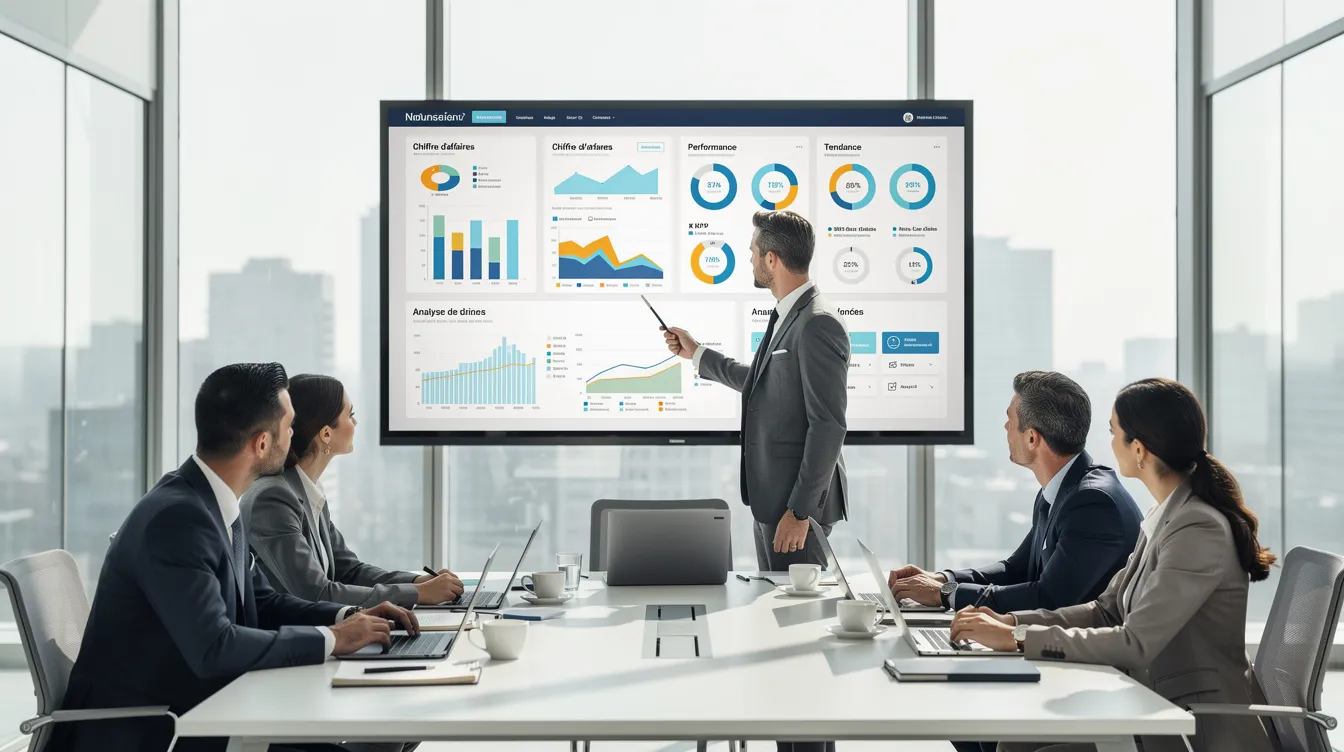 Dans une salle de réunion moderne, des professionnels collaborent pour analyser des données sur un écran, illustrant ainsi le développement d'une équipe en entreprise. Leur interaction démontre l'importance de la communication et de la cohésion pour atteindre les objectifs communs.