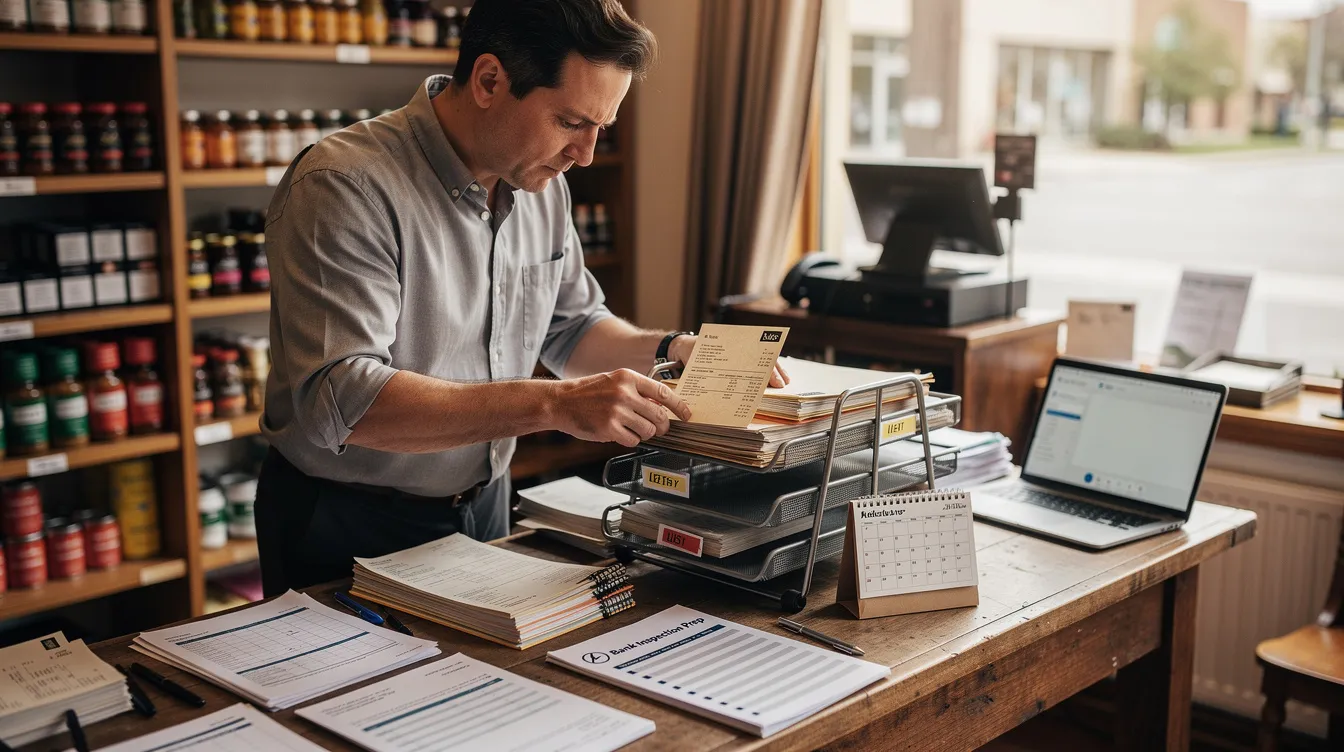dc4b6fc3 7c64 4d50 9e7e 930e84e3c4ba A small business owner is seen organizing various documents and files on their desk in preparation for a bank inspection related to their mudra loan application. The scene reflects the diligent work of an entrepreneur ensuring all necessary paperwork, such as business registration and financial assistance documents, are in order for their small enterprise.