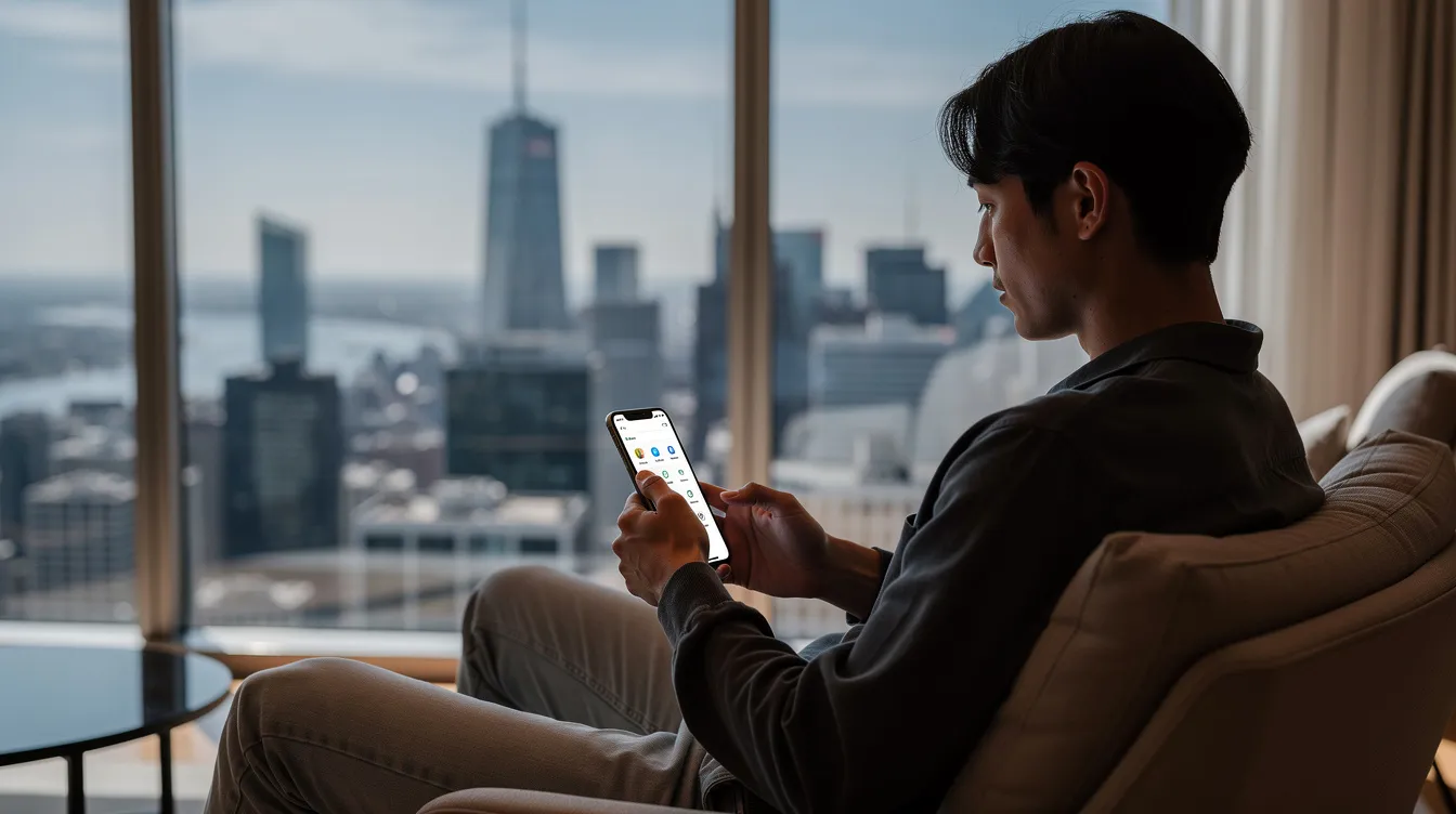 A person is sitting by a window, using a smartphone app to manage their finances, with a city skyline visible in the background. The app likely facilitates international payments, allowing the user to send money and receive payments seamlessly, reflecting on the comparison between PayPal and Payoneer for global transactions.
