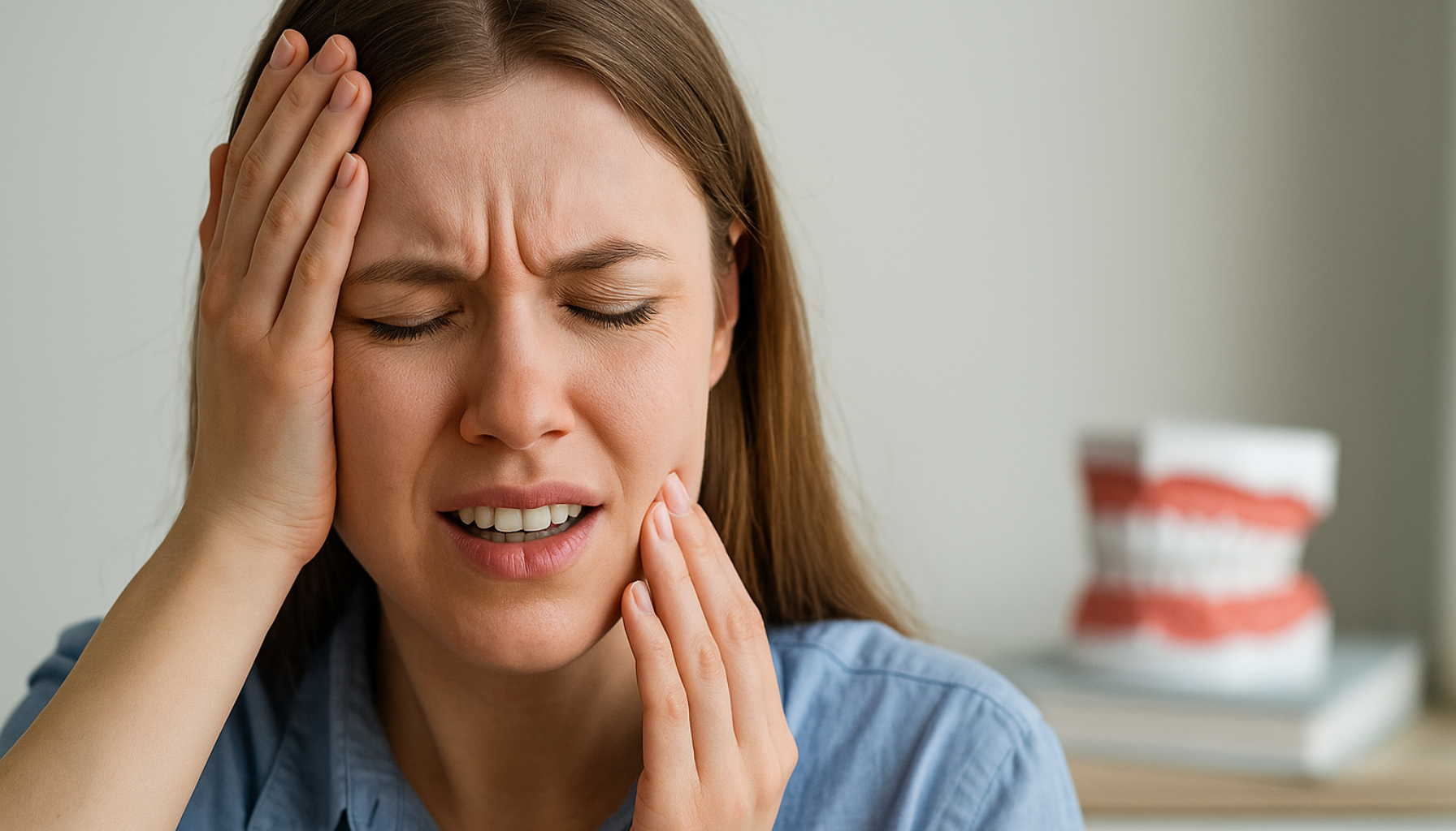 Kvinne holder hodet og kjeven i smerte, viser sammenhengen mellom hodepine og tannhelse.