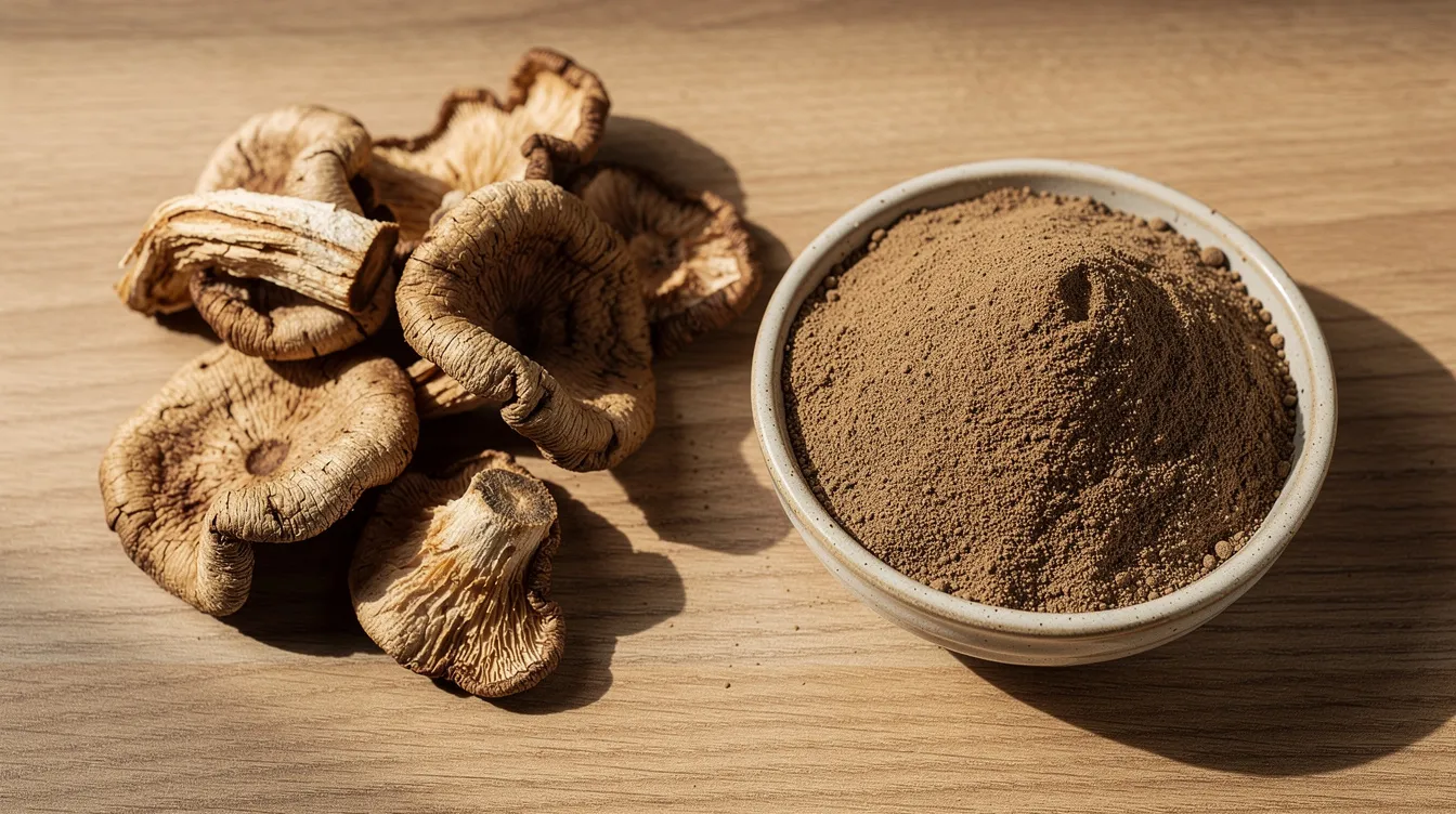 The image shows a comparison between whole dried mushroom fruiting bodies and finely ground mushroom powder in a small bowl, highlighting the different forms of real mushrooms used in mushroom supplements. This visual emphasizes the variety of mushroom products available, which may support immune function and cognitive function, showcasing the health benefits of functional mushrooms like lion's mane and turkey tail.