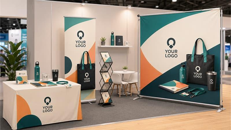 Trade show booth setup with banner backdrop, retractable banner, table cover and matching promotional gifts