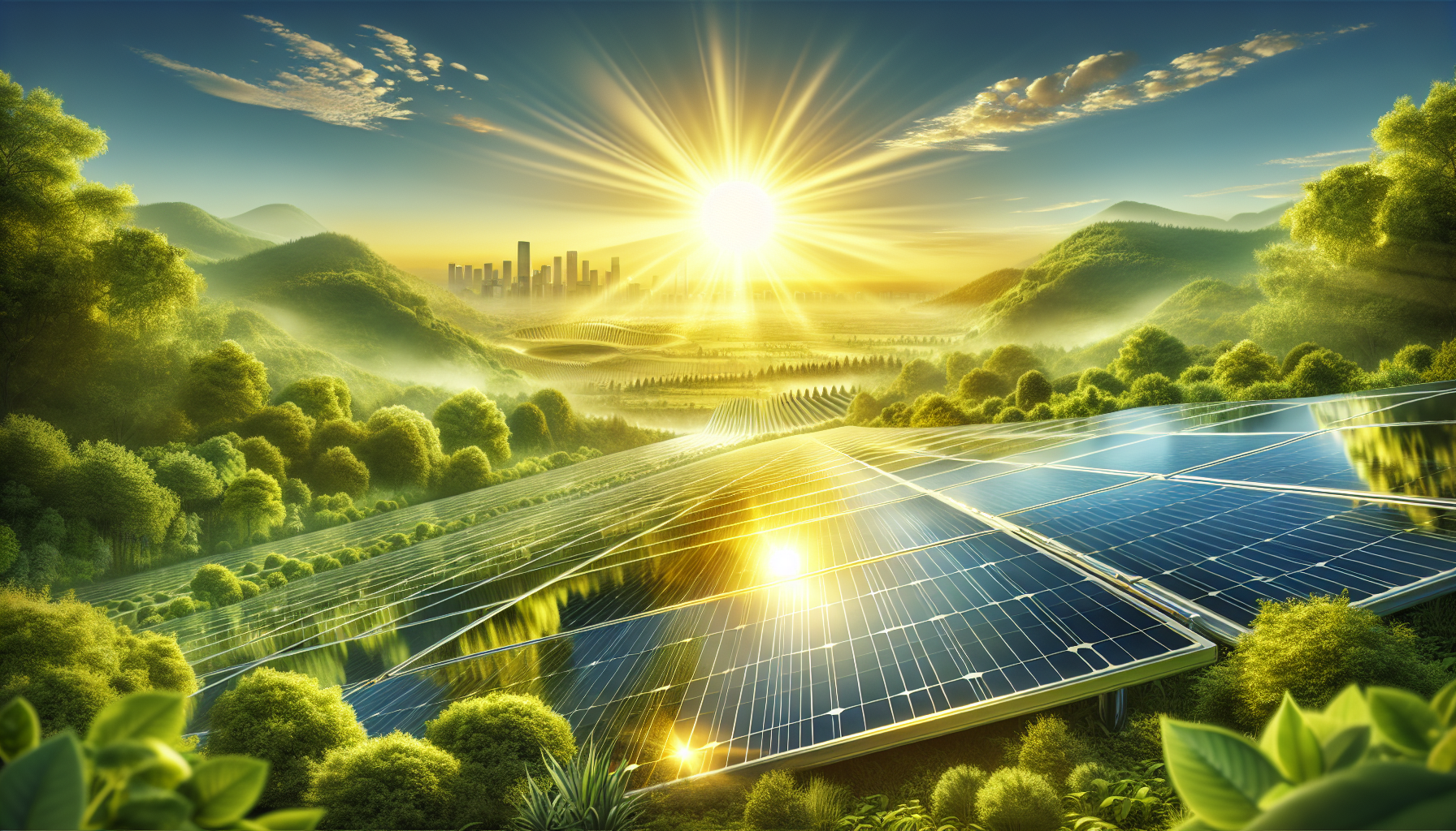 Artistic representation of solar energy reducing carbon emissions