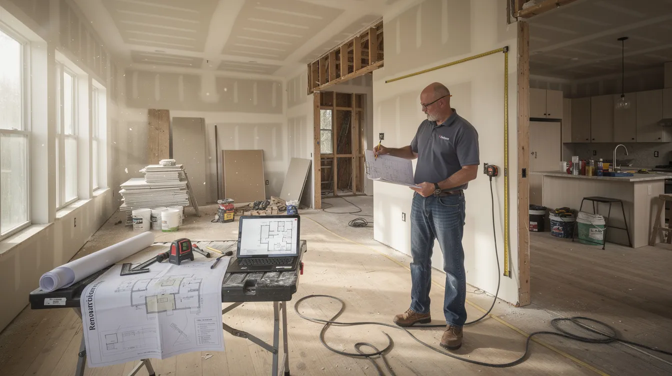 The image depicts a contractor measuring and planning renovations inside a residential property that is currently under construction. The contractor appears focused on the task, assessing the home's layout to ensure successful home improvement, which may involve utilizing financing options like a home equity line of credit for potential expenses.