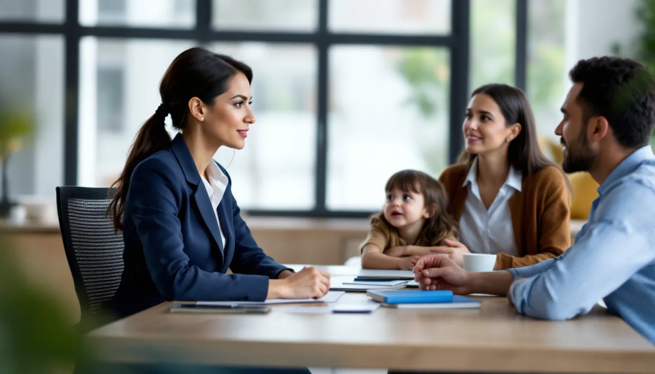 A lawyer guiding a family through the legal process of filing a lawsuit.