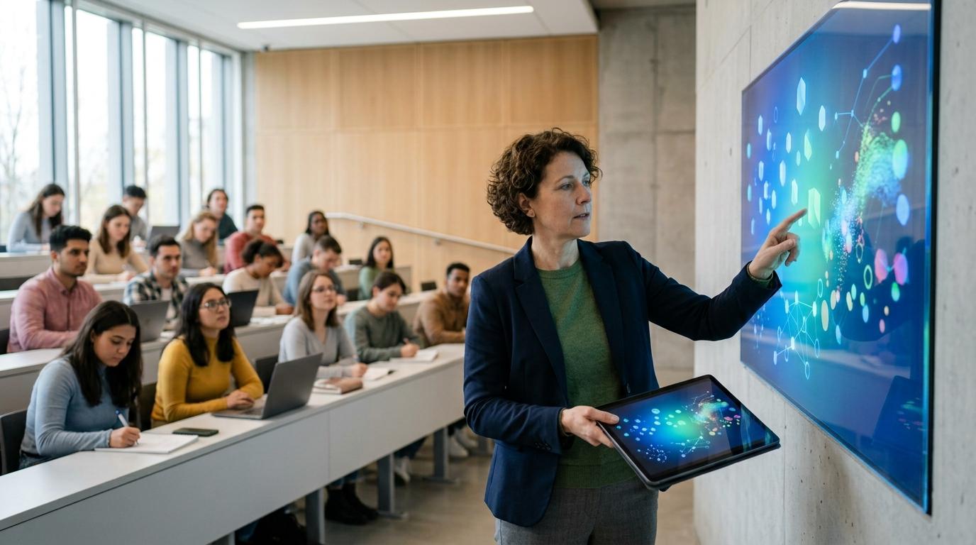 "University instructor analyzing student performance through AI-powered assessment while observing overall class progress, modern classroom.