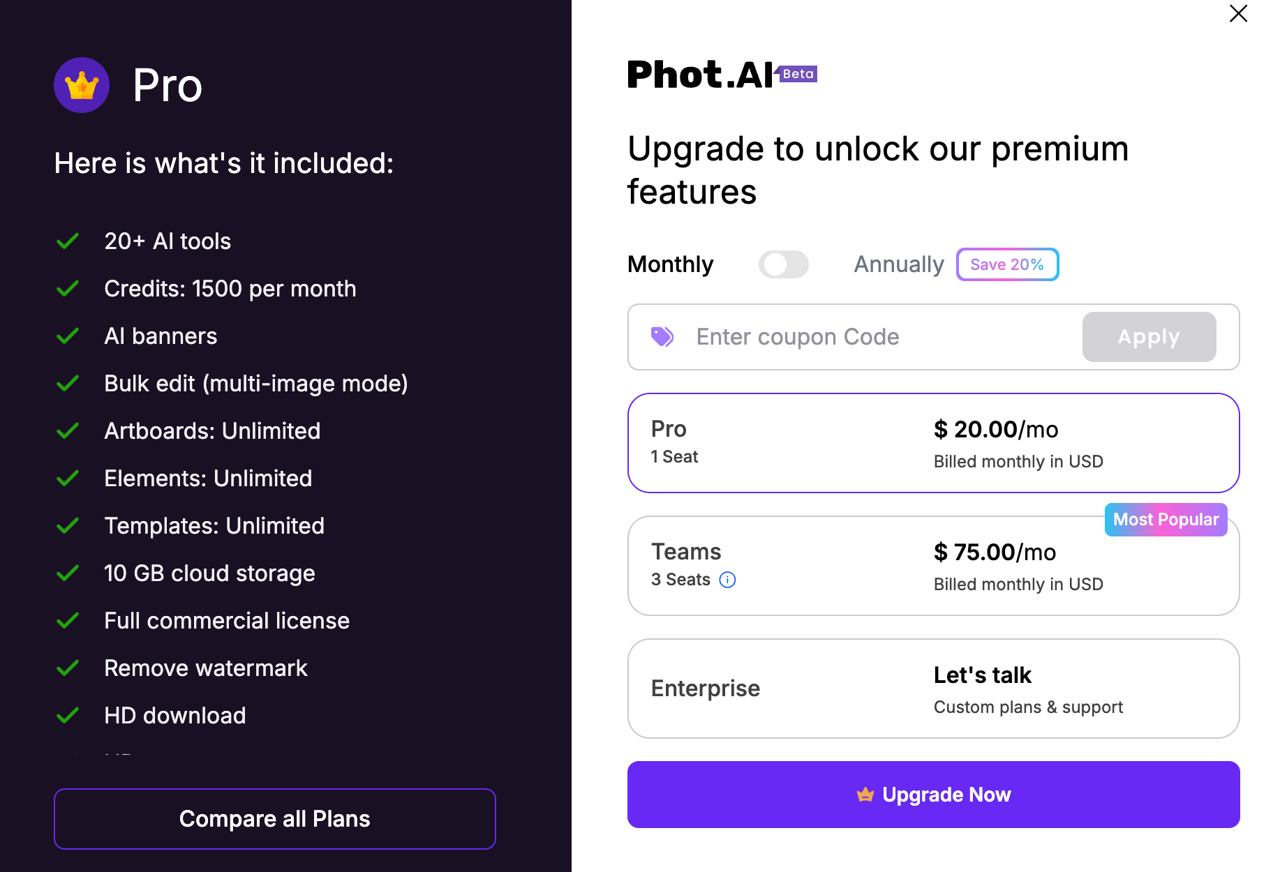 Phot.AI pricing plans showing Pro at $20/month for individual use, Teams at $75/month for 3 seats, and custom Enterprise options, with included features like unlimited templates, HD downloads, and commercial licensing.