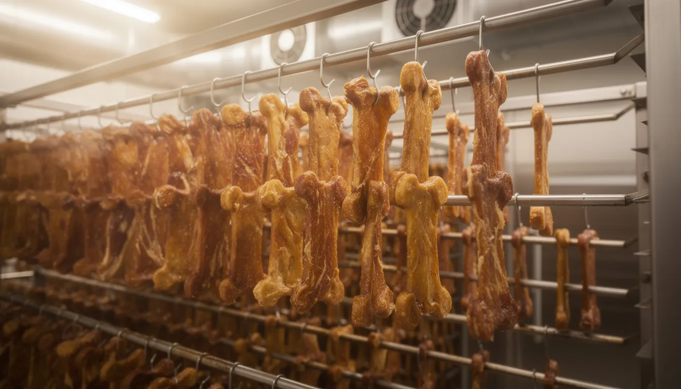 The image depicts slow-dried natural dog treats, specifically bully sticks, hanging in an industrial drying facility. This setting highlights the process of creating high-quality dog chews, ensuring they are safe for dogs and beneficial for their chewing habits and dental health.