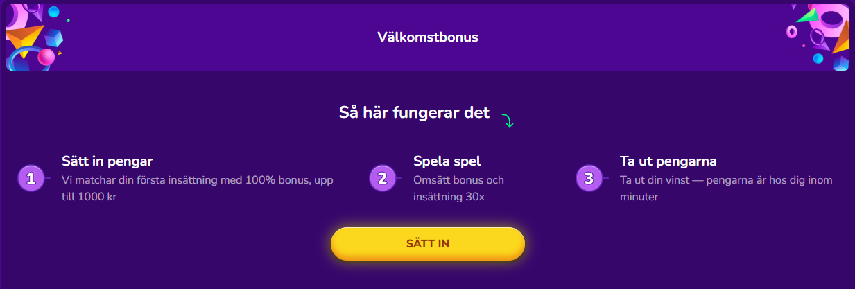 Så fungerar Happy Casino bonus i tre steg: sätt in pengar, omsätt bonus och insättning och ta ut vinsten.